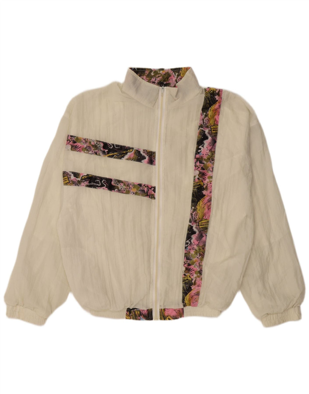 VINTAGE Womens Graphic Tracksuit Top Jacket UK 16 Large Off White