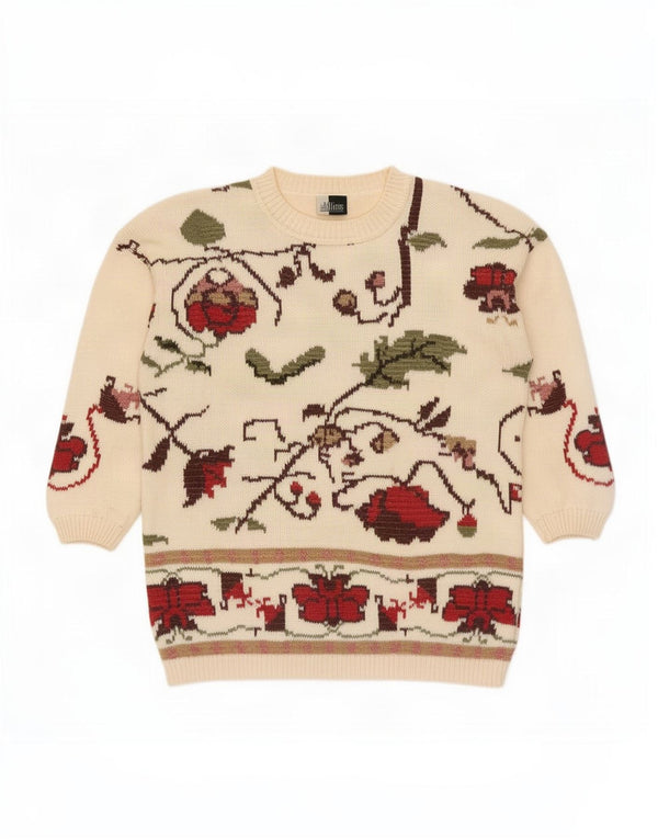 vintage Femme Crew Neck Jumper Pull UK 14/16 Grand Coton Floral Beige