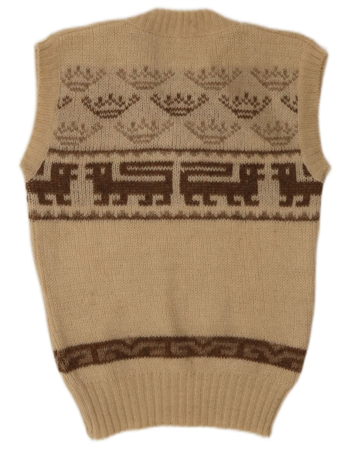 vintage Femme Gilet Débardeur IT 40 Petite Beige Fair Isle Wool
