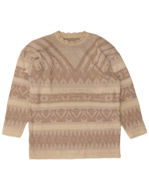 vintage Womens Boat Neck Jumper Sweater UK 14 Grand Beige Géométrique