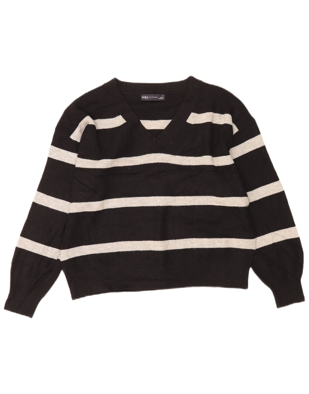 Marks & Spencer Pull col en V pour femme UK 14 Medium Noir Rayé