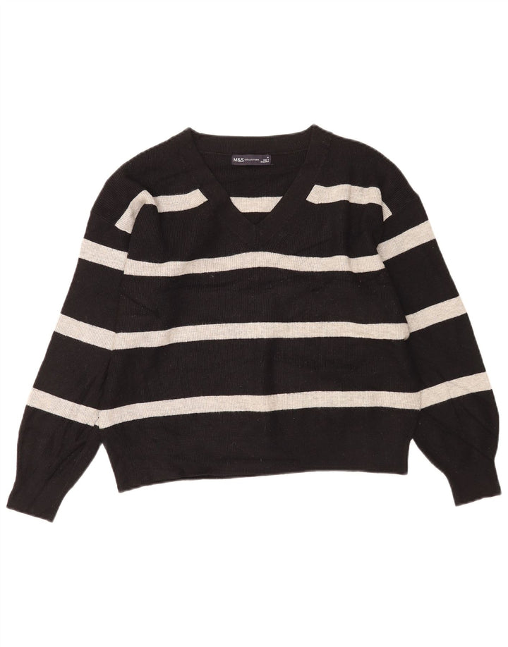 Marks & Spencer Pull col en V pour femme UK 14 Medium Noir Rayé