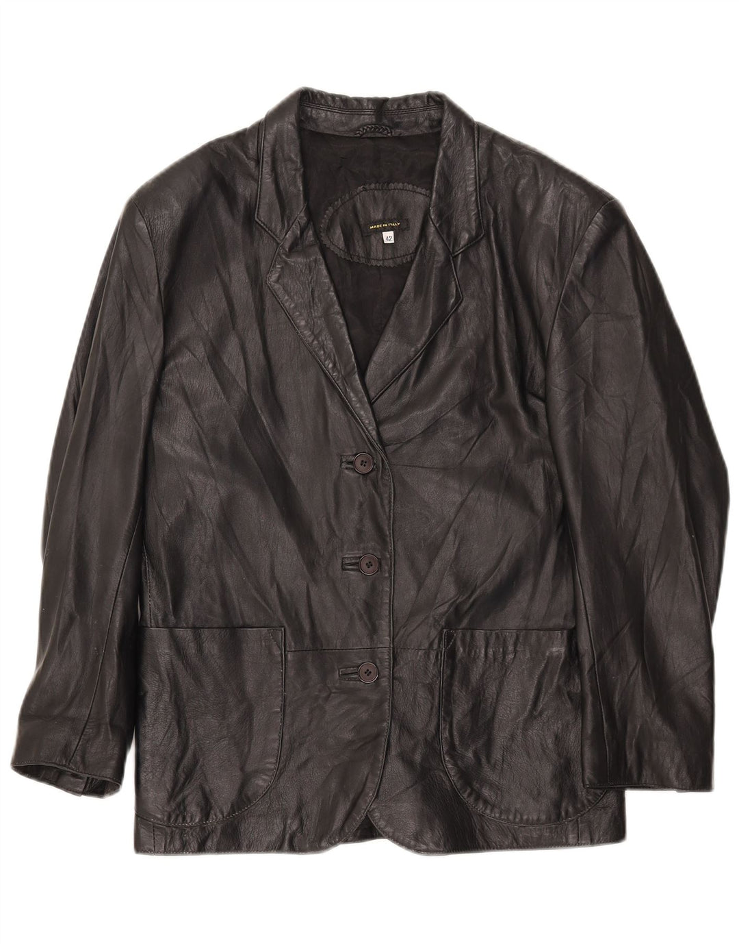 vintage Femme 3 Boutons Veste Blazer En Cuir IT 42 Moyen Noir