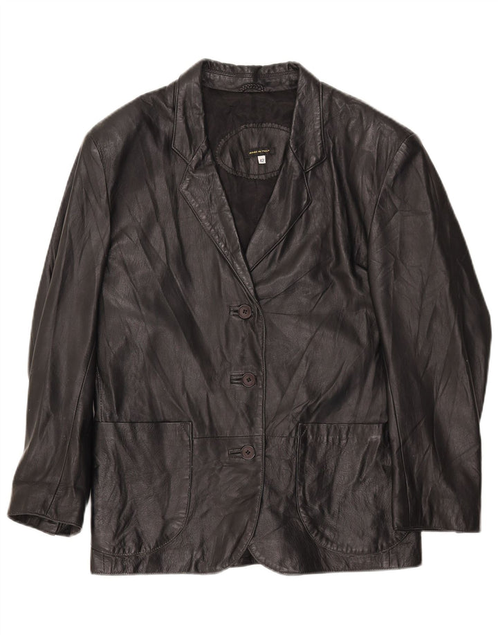 vintage Femme 3 Boutons Veste Blazer En Cuir IT 42 Moyen Noir
