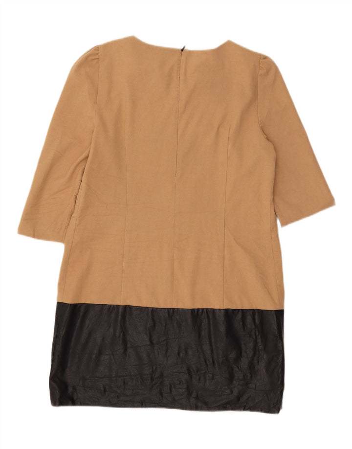 Zara Robe droite à manches 3/4 pour femme UK 14 Large Beige Colourblock Polyester