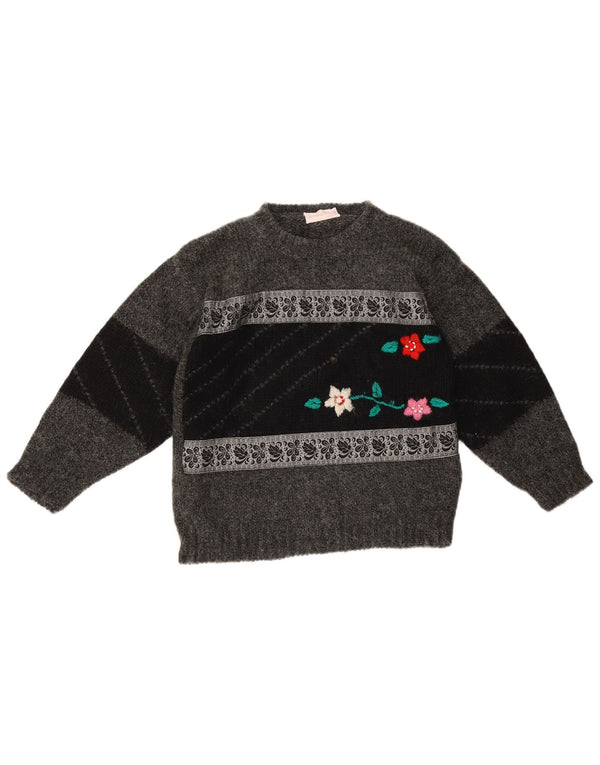 vintage Femmes Crew Neck Jumper Pull UK 10 Petit Gris Floral