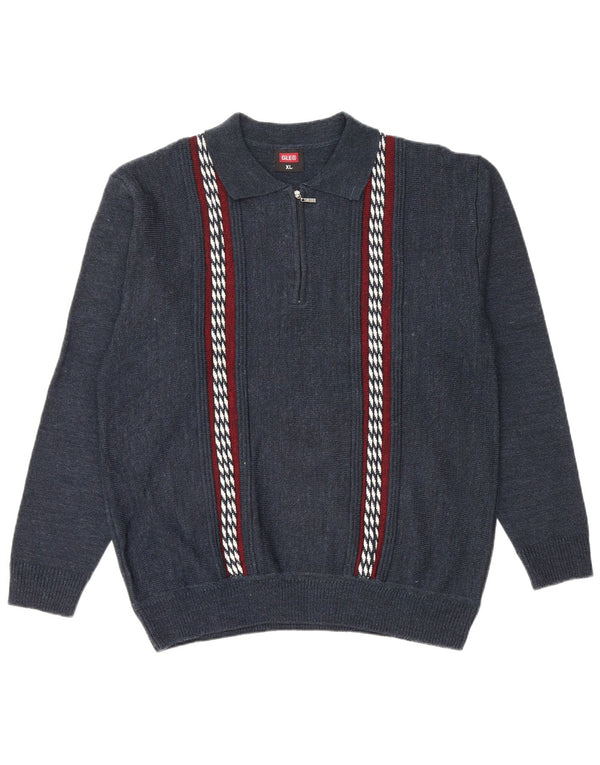 vintage Mens Polo Neck Jumper Sweater XL Bleu Marine Géométrique Polyacrylique