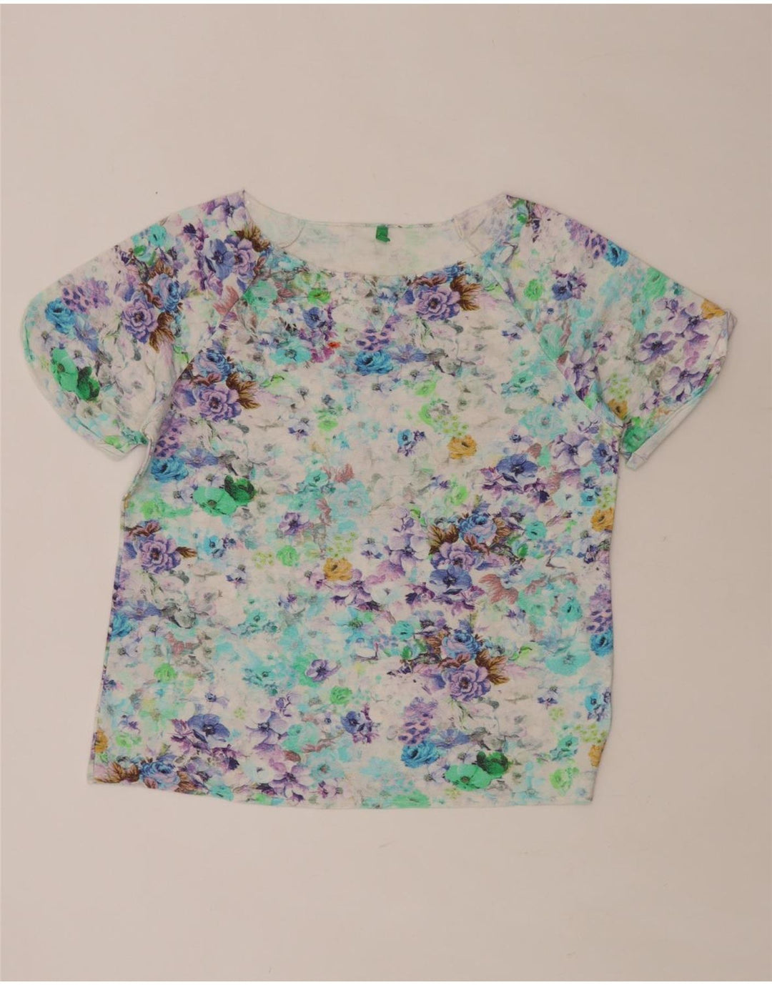 BENETTON T-Shirt Femme Top UK 14 Grand Floral Multicolore