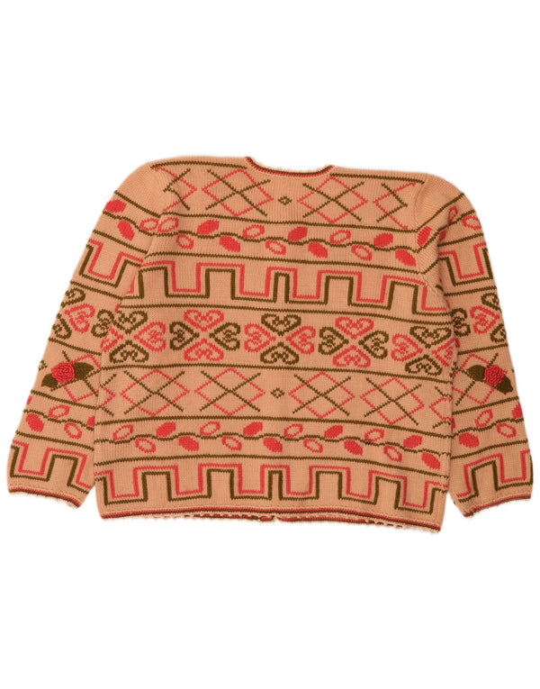 VINTAGE Femmes 3/4 Manches Cardigan Pull UK 18 XL Beige Fair Isle