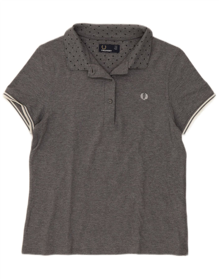 Fred Perry Polo Femme UK 12 Coton Taché Gris Moyen