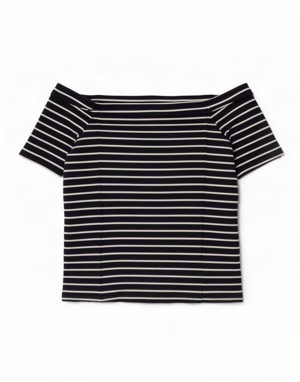 Phase Eight Haut court à épaules dénudées pour femme UK 44 Bleu marine moyen rayé