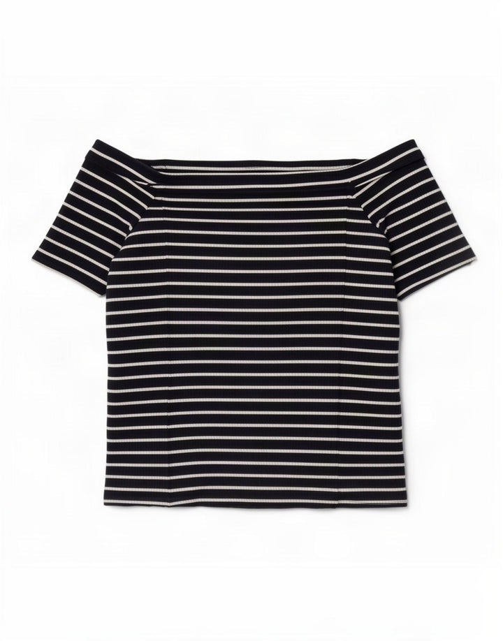 Phase Eight Haut court à épaules dénudées pour femme UK 44 Bleu marine moyen rayé