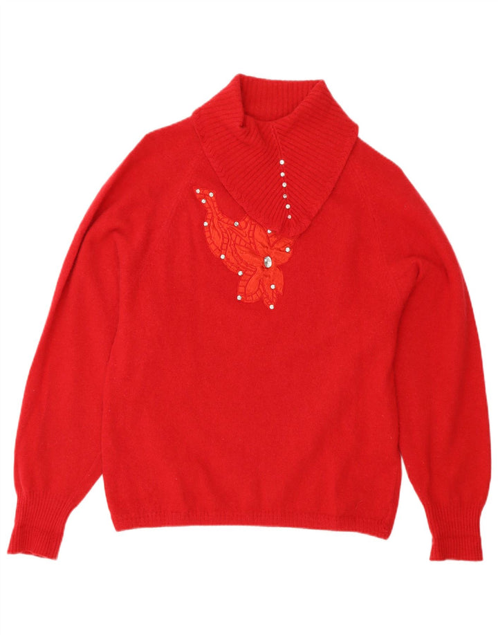 vintage Femmes Châle Cou Jumper Pull UK 12 Laine Rouge Moyenne