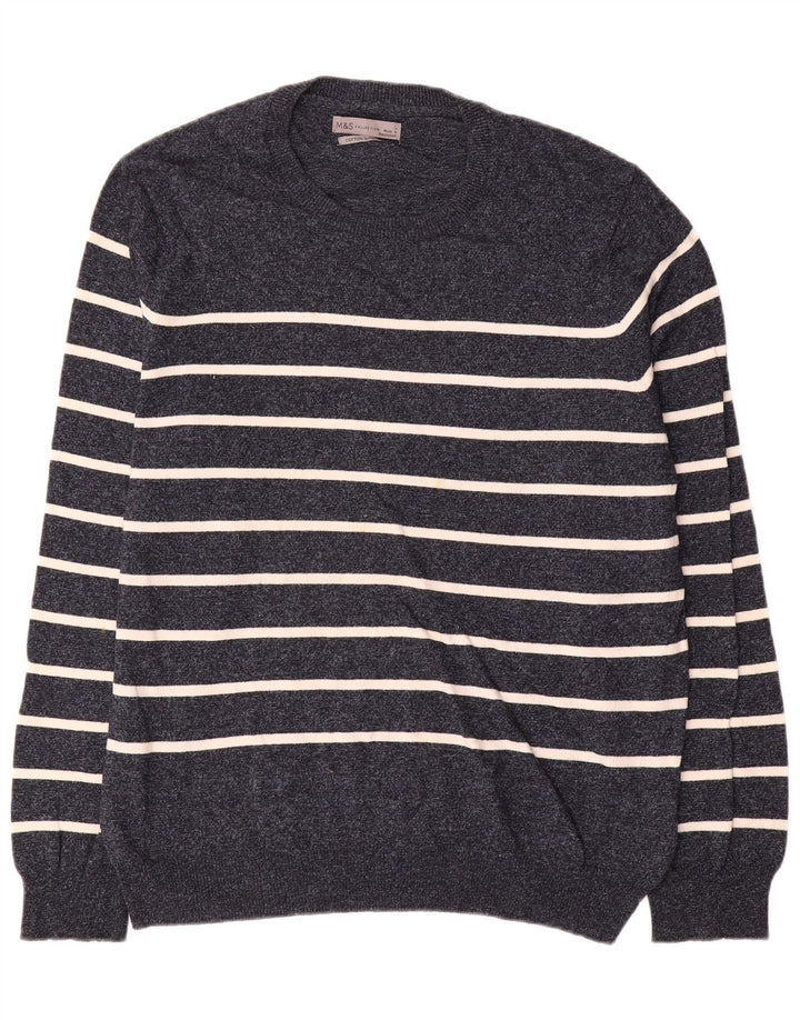 Marks & Spencer Pull à col rond pour homme Large rayé bleu marine