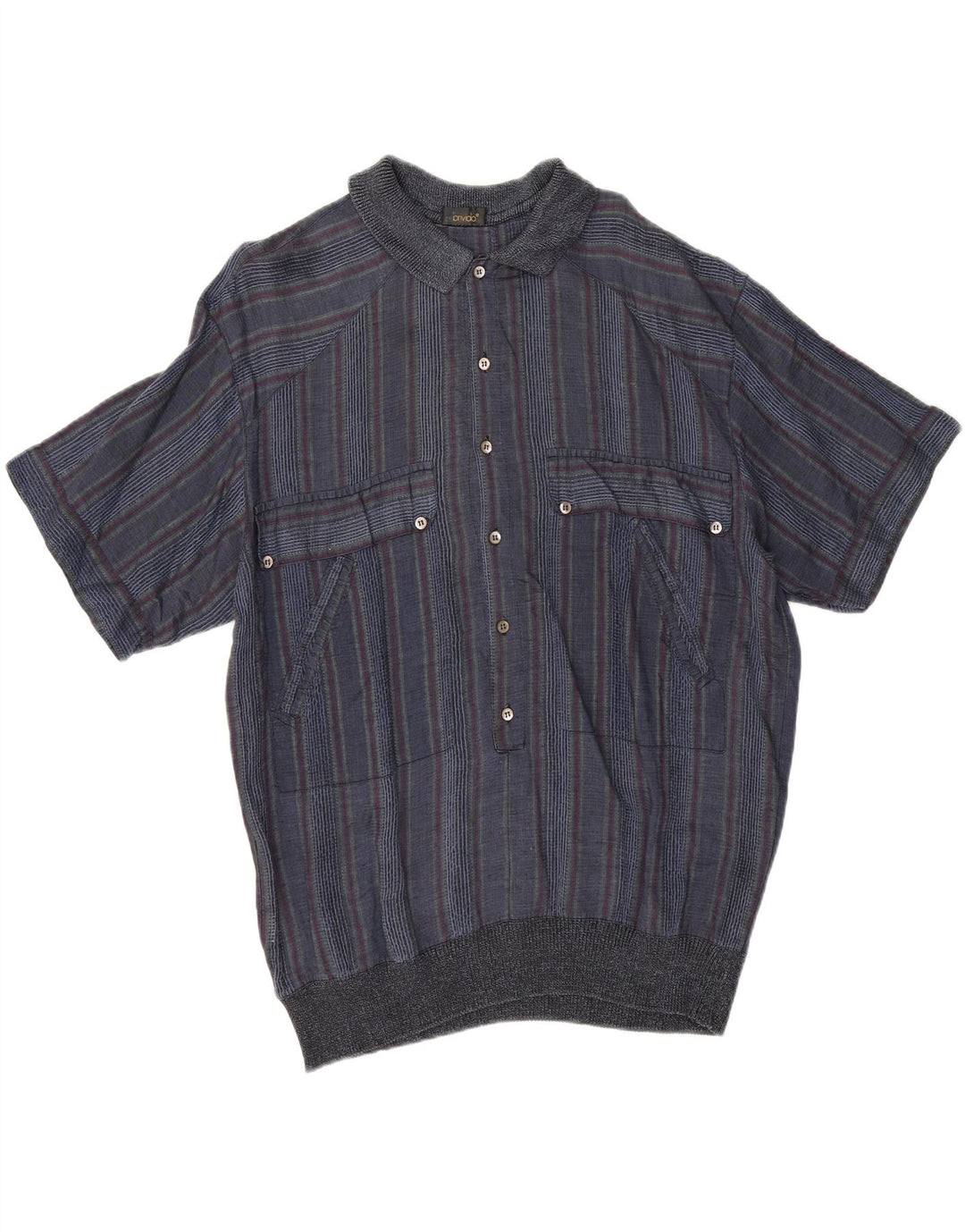 vintage Homme Manches Courtes Pull Chemise IT 50 Moyen Bleu Marine Rayé