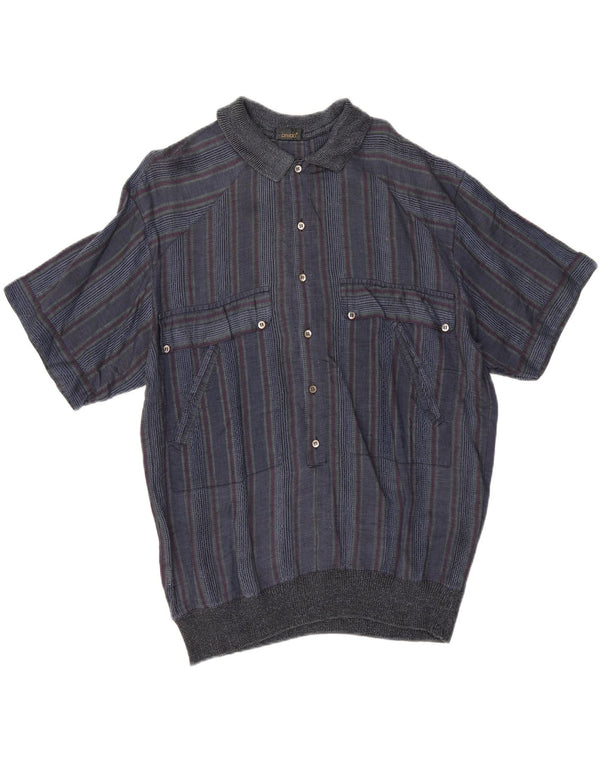 vintage Homme Manches Courtes Pull Chemise IT 50 Moyen Bleu Marine Rayé