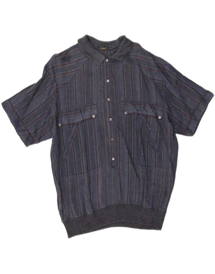 vintage Homme Manches Courtes Pull Chemise IT 50 Moyen Bleu Marine Rayé
