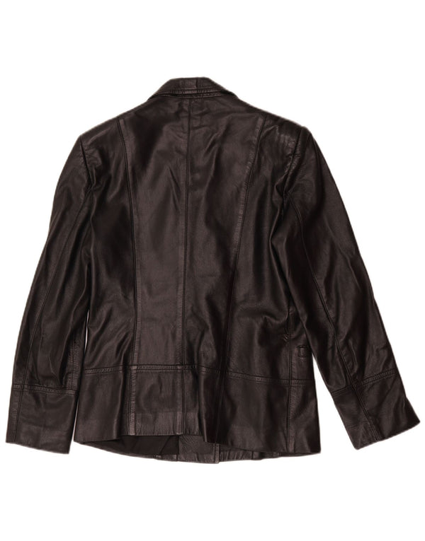 vintage Femmes 1 Bouton Veste Blazer En Cuir UK 14 Cuir Noir Moyen