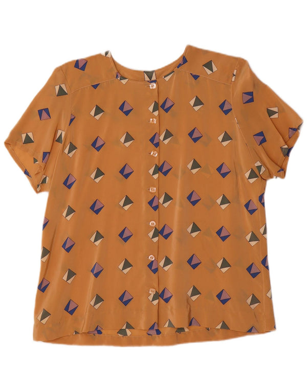 vintage Femme Chemise À Manches Courtes Blouse UK 16 Grand Marron Géométrique