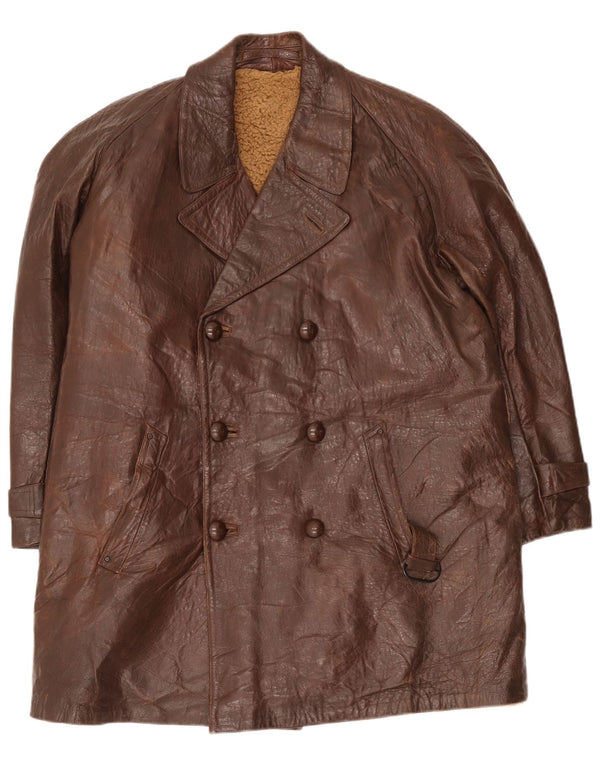 vintage Homme Cuir Double Breasted Manteau UK 38 Brun Moyen