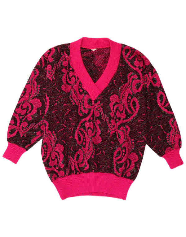 vintage Femme V-Col Jumper Pull UK 16 Grand Rose Paisley Polyacrylique