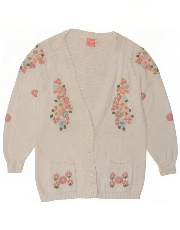 vintage Femme Cardigan Pull UK 14 Coton Floral Blanc Moyen
