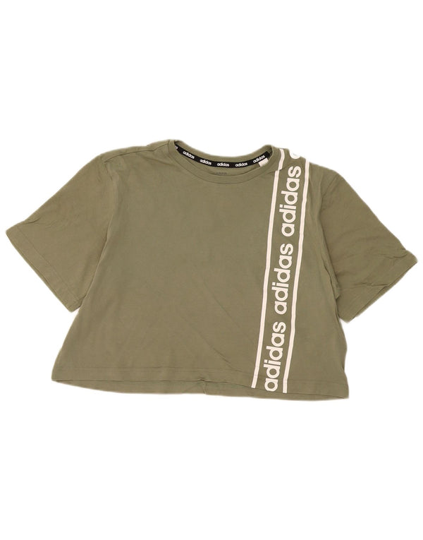 Adidas Womens Crop Graphic T-Shirt Top UK 12/14 Coton Kaki Moyen