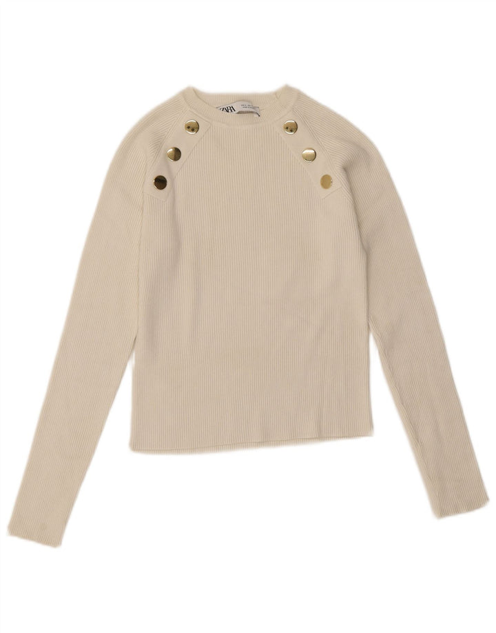 Zara Womens Crop Top Manches Longues UK 12 Moyen Blanc