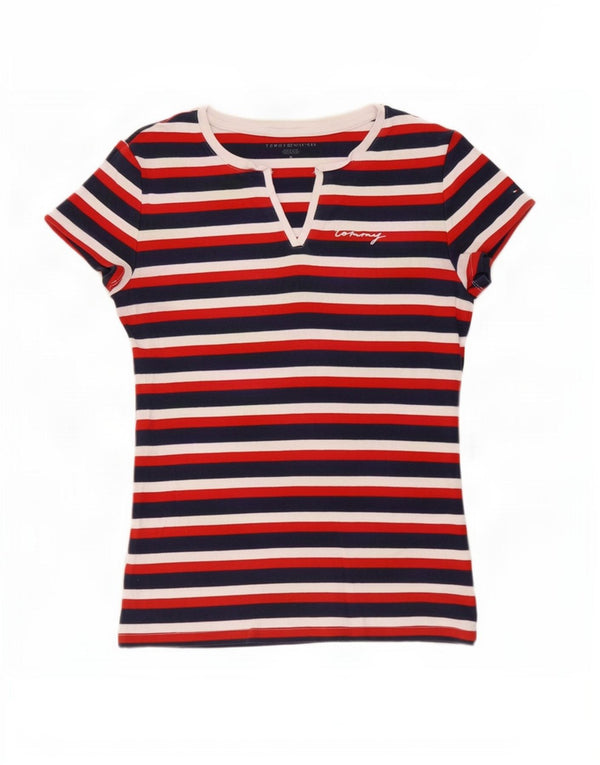 Tommy Hilfiger T-Shirt Femme Top UK 12 Coton Rayé Bleu Marine Moyen