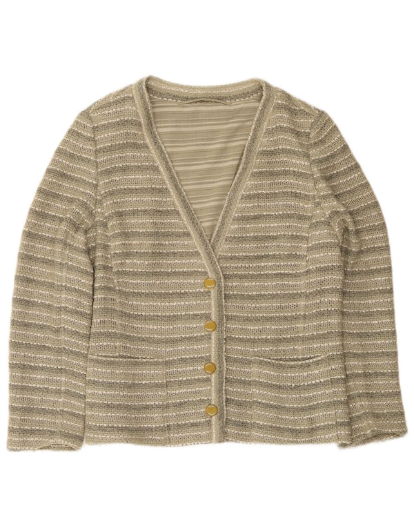 vintage Femme Cardigan Pull UK 14 Moyen Vert Rayé