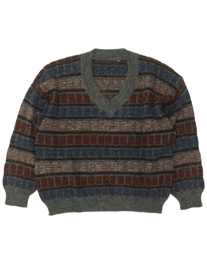 vintage Homme Col V Pull Pull IT 54 XL Rayé Multicolore