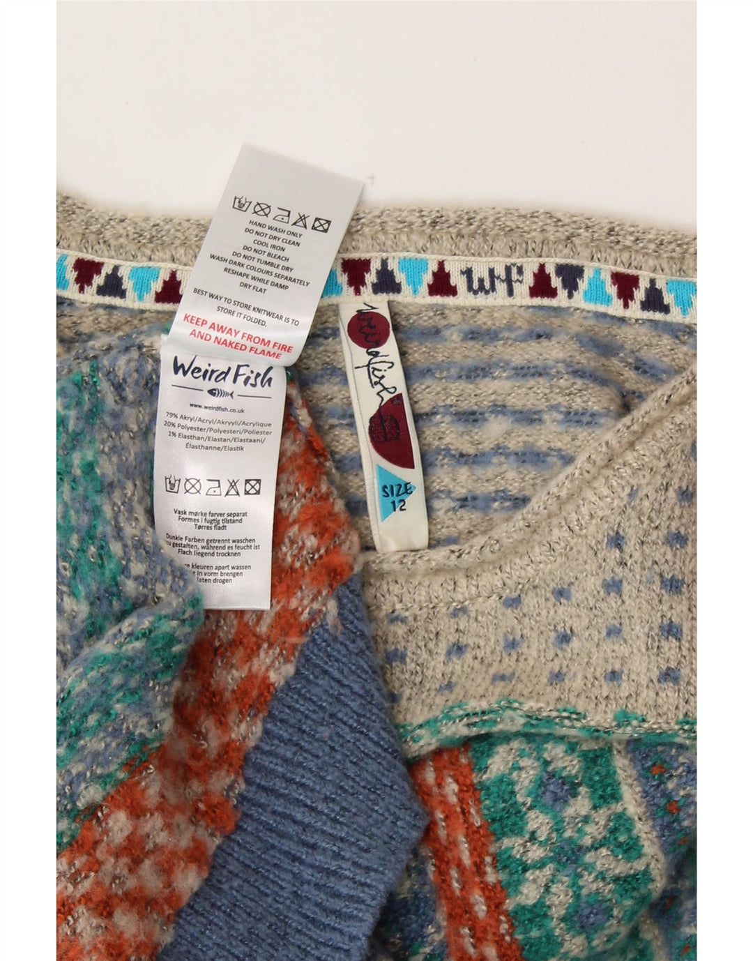 WEIRD FISH Pull col bateau pour femme UK 12 Bleu moyen Fair Isle