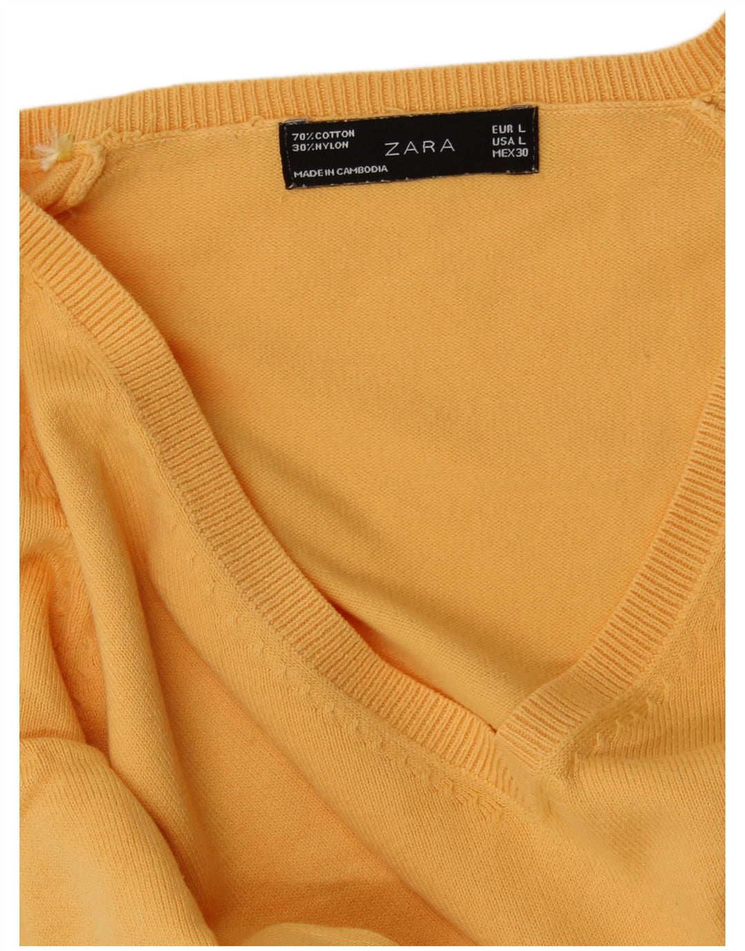 ZARA Pull col en V pour femme UK 14 Large Jaune Coton