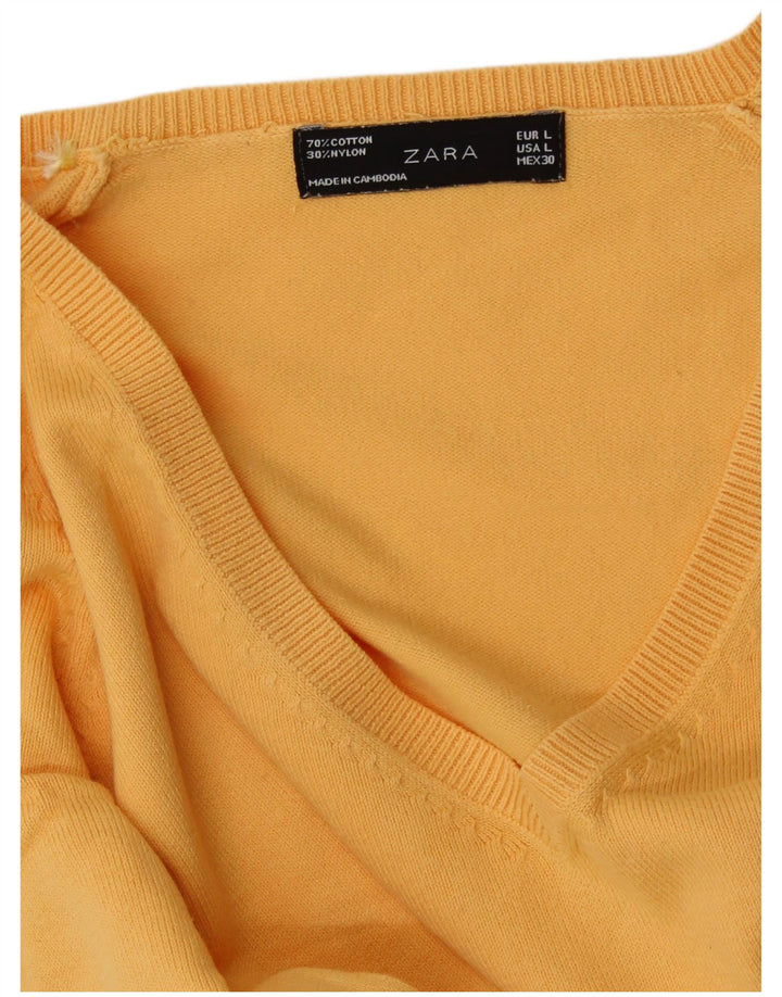 ZARA Pull col en V pour femme UK 14 Large Jaune Coton