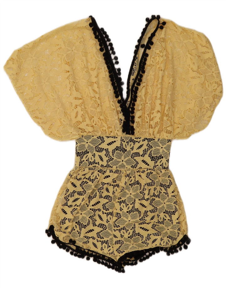 vintage Femme Dentelle Combishort UK 12 Jaune Moyen