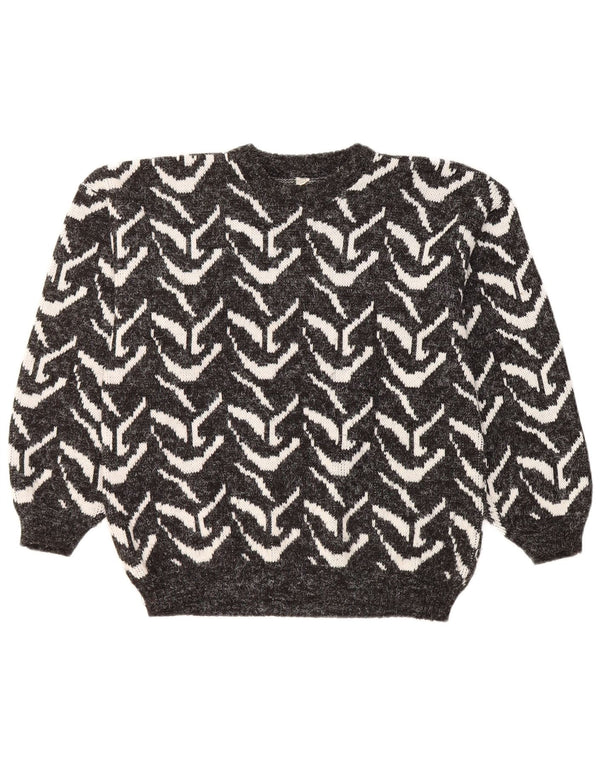 vintage Womens Crew Neck Jumper Sweater UK 16 Grand Noir Géométrique