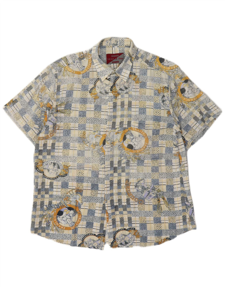 Chemise graphique vintage à manches courtes pour hommes, carreaux bleu moyen