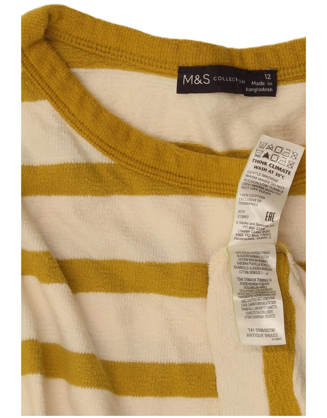 Marks & Spencer Haut à manches longues pour femme UK 12 Coton rayé jaune moyen