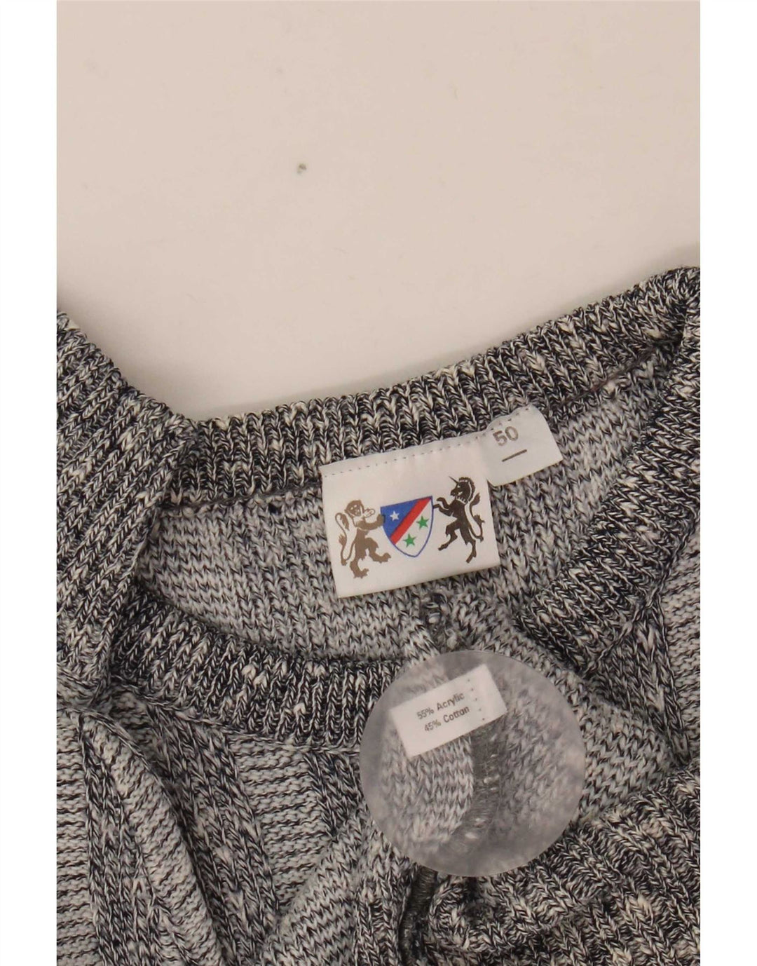 vintage Mens Crew Neck Jumper Sweater IT 50 Moyen Gris Géométrique Acrylique