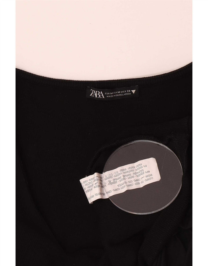 Zara Womens 3/4 Sleeve Crop Top UK 12 Coton Noir Moyen