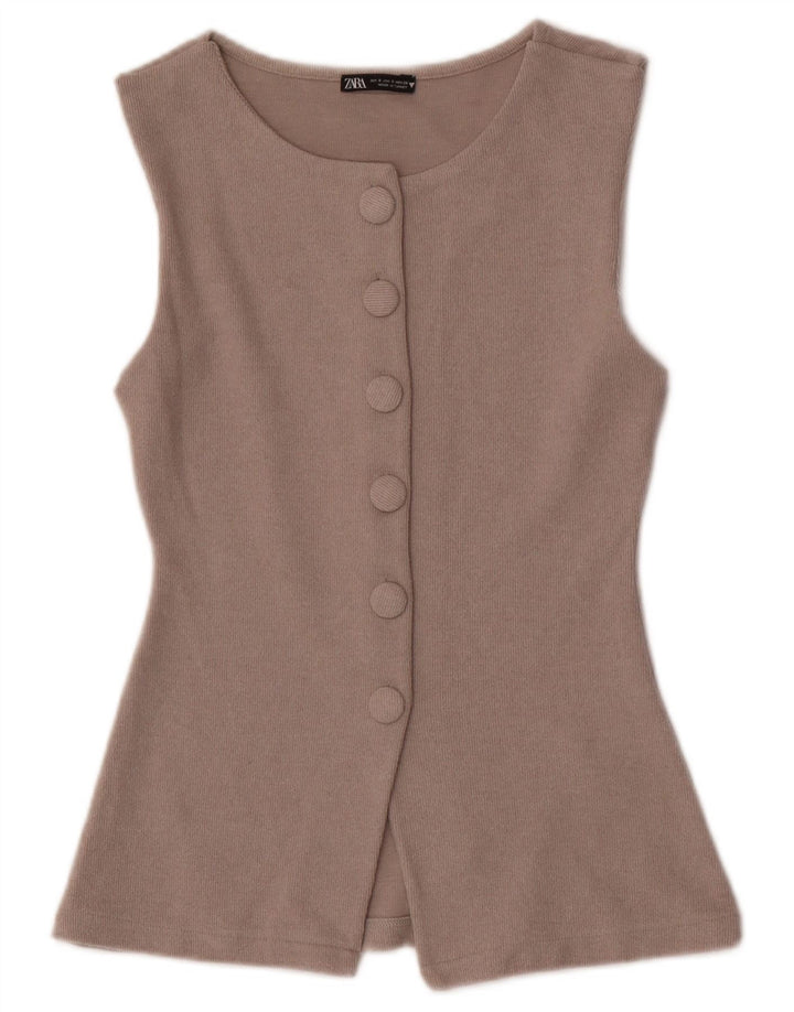 Zara Femme Cardigan sans manches Top UK 8 Small Beige Polyester