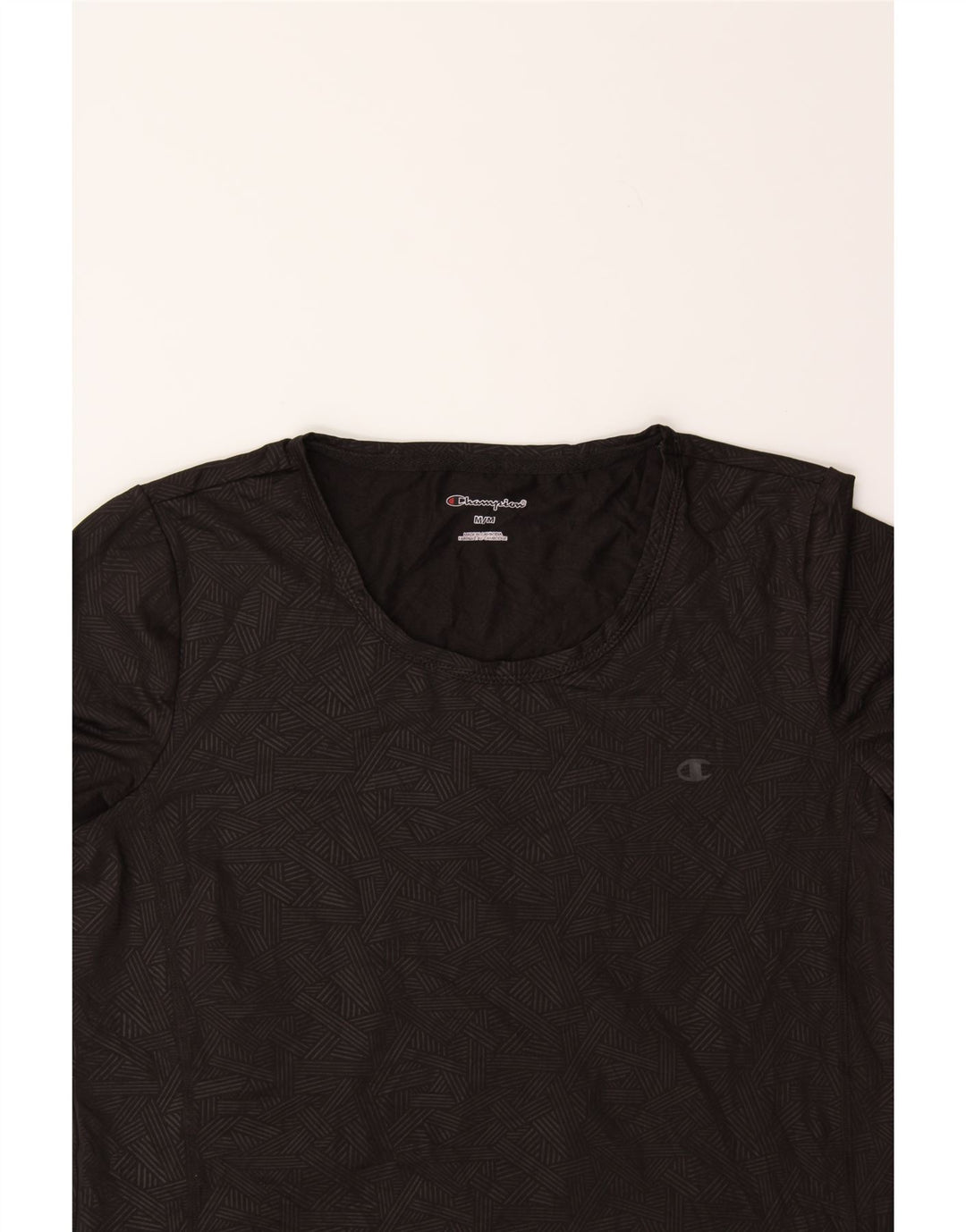 CHAMPION Womens Graphic T-Shirt Top UK 14 Medium Black Geometric Polyester Vintage Champion and Second-Hand Champion from Messina Hembry 