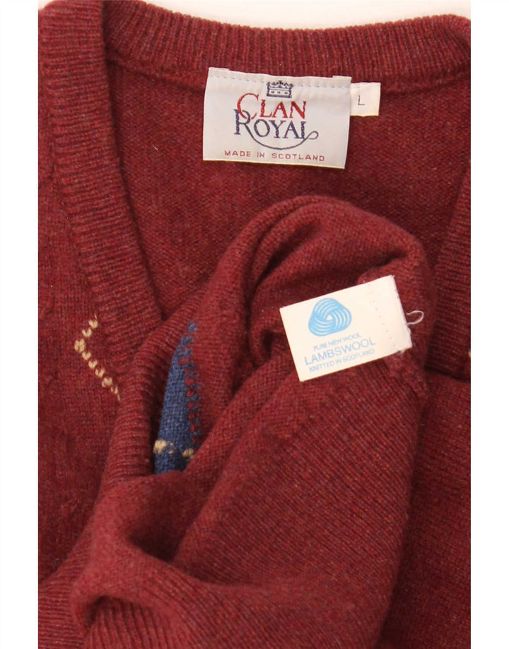 Clan Royal Pull col V pour Homme en Laine d'agneau Rouge Argyle/Diamant