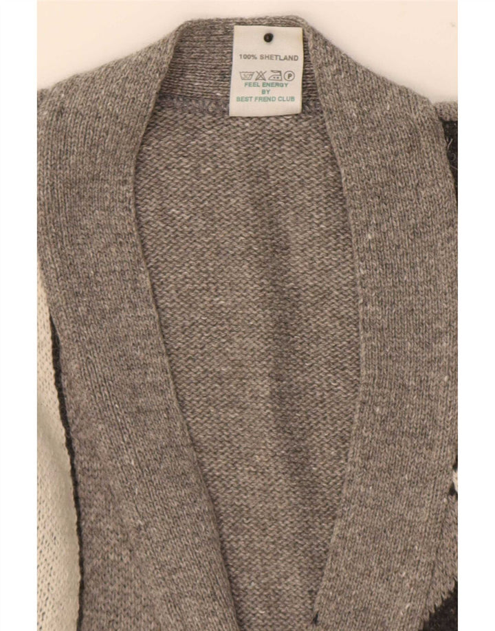 Shetland Pull Cardigan Homme Gris Moyen Laine Géométrique