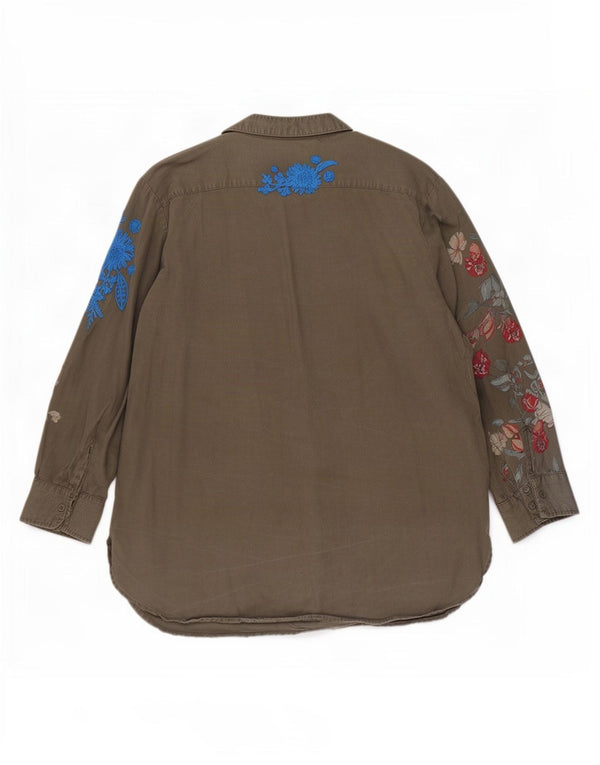 Desigual Chemisier à manches 3/4 pour femme UK 20 2XL Kaki Floral Lyocell