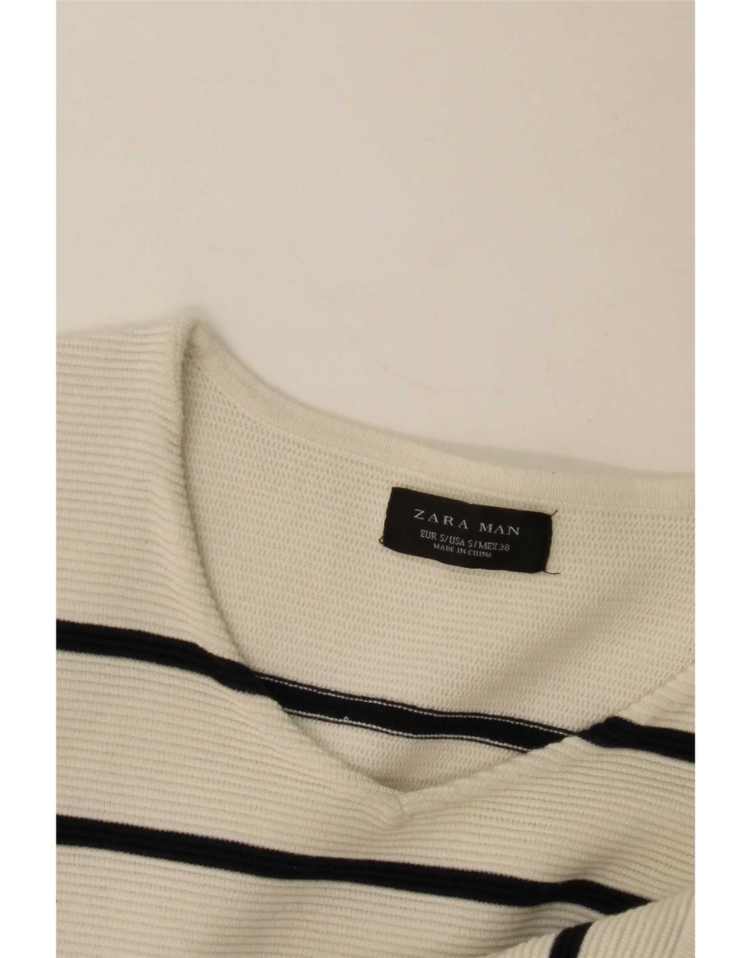Zara Pull Col V Homme Petit Rayé Blanc