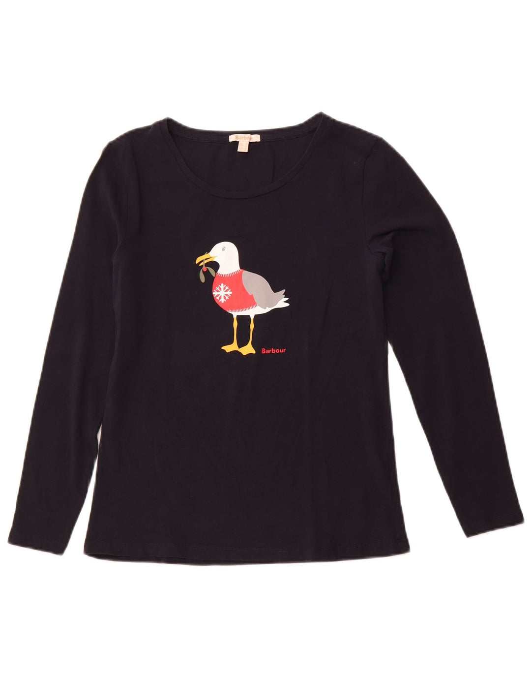 BARBOUR Haut Graphique Femme Manches Longues UK 10 Petit Bleu Marine Noël