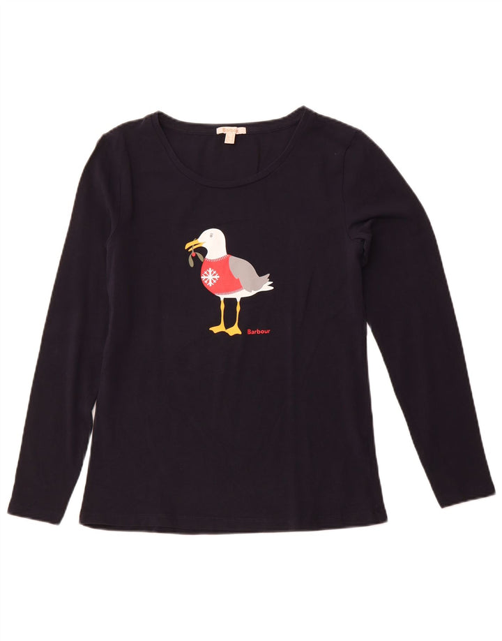 BARBOUR Haut Graphique Femme Manches Longues UK 10 Petit Bleu Marine Noël