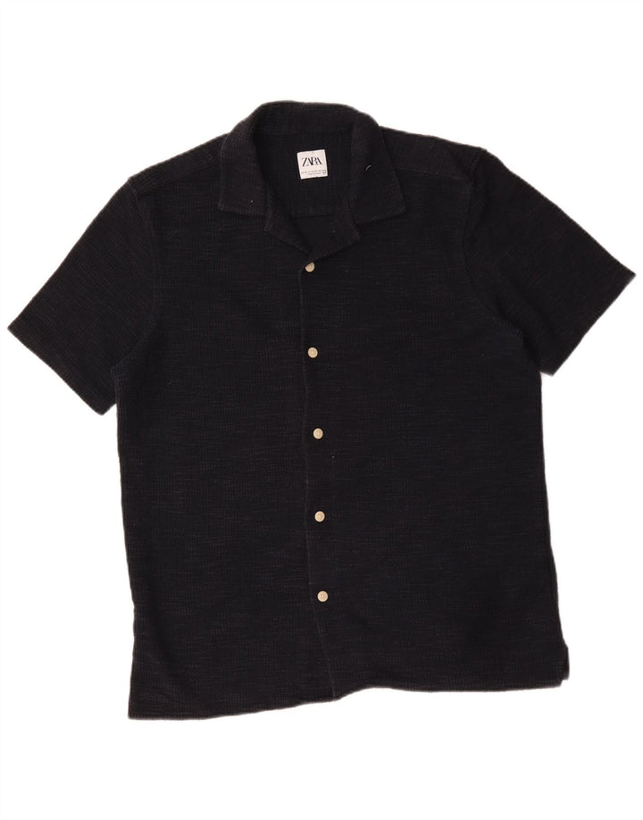 Zara Chemise En Flanelle À Manches Courtes Homme Bleu Marine Moyen Coton