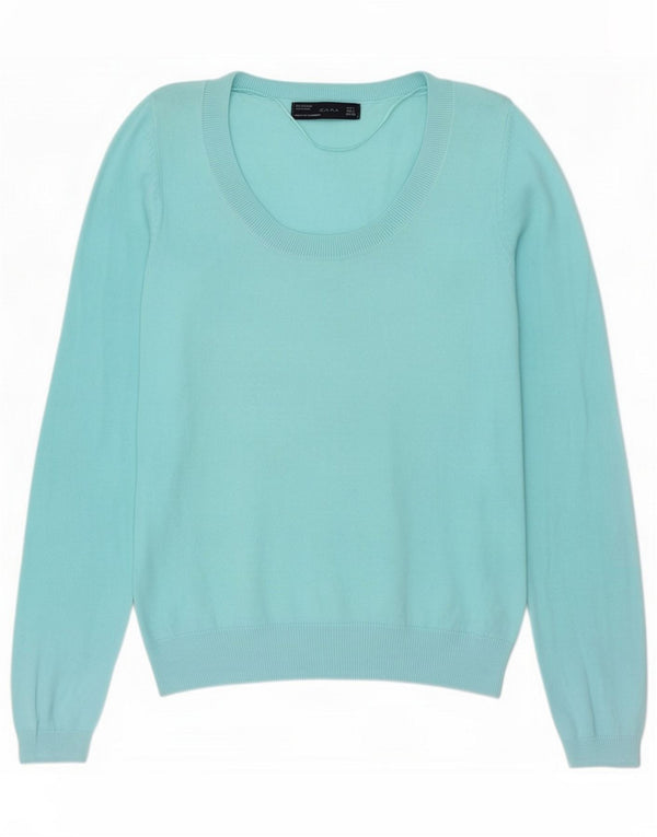 Zara Womens Boat Neck Jumper Sweater UK 16 Large Blue Cotton